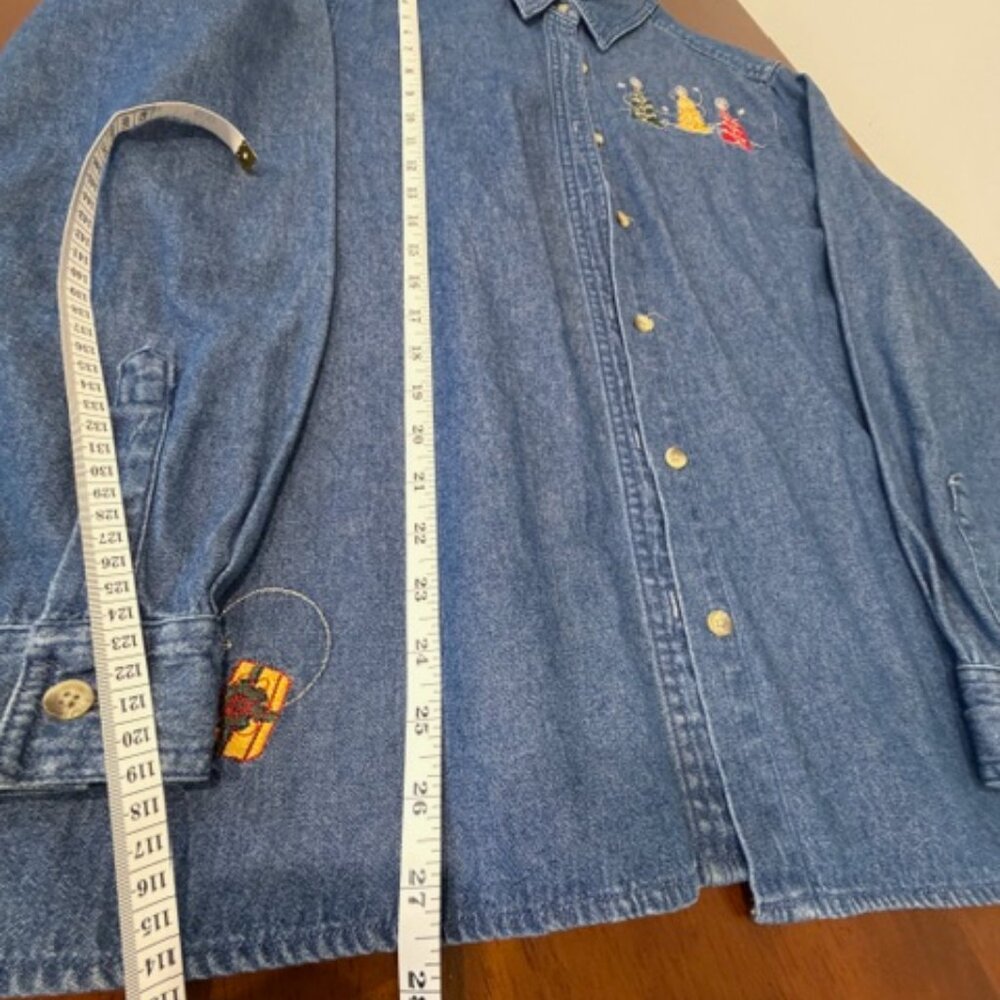 Vintage Holiday Appliqué Embroidered Blue Button-Down Shirt Size L. - Picture 10 of 13